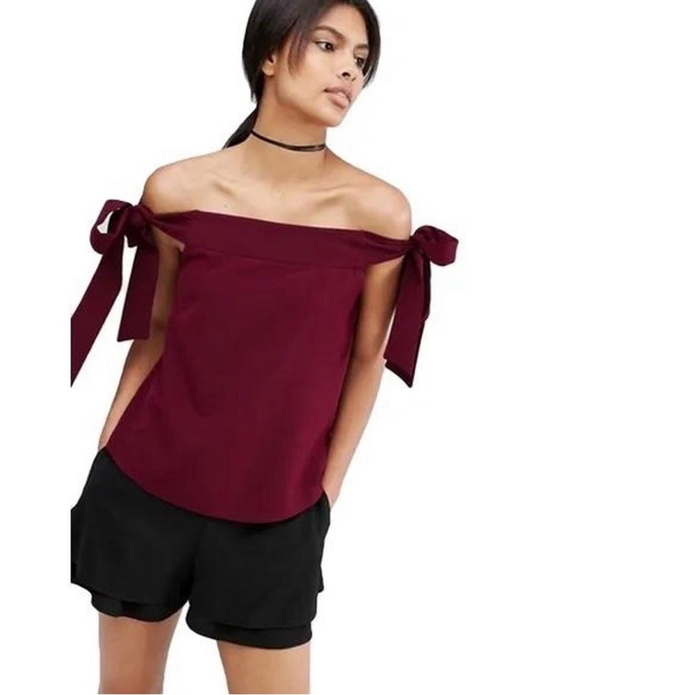 ASOS Burgundy Off-Shoulder Tie Bow Convertible Blouse Size Small Excellent
